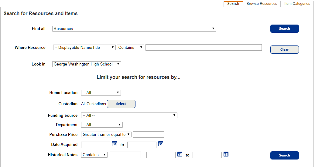 Search tab of the Resource Search page.