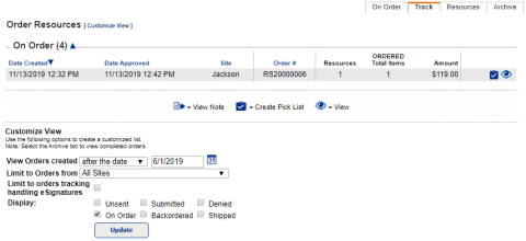 District Warehouse user viewing resources that are on order.