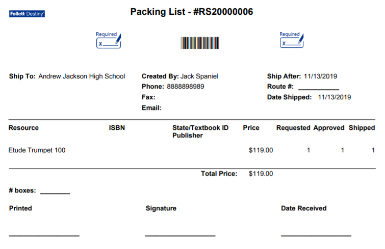District Warehouse, Catalog, Resource Orders, Track sub-tab, Order packing list for resources