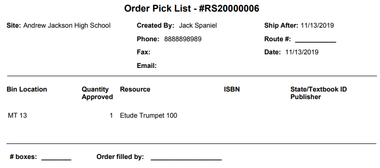 Order Pick List for resources.
