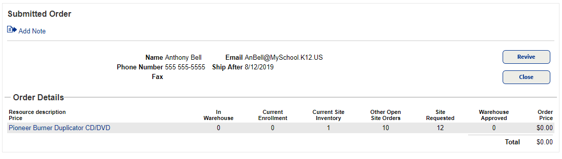 Submitted Orders page showing one submitted order