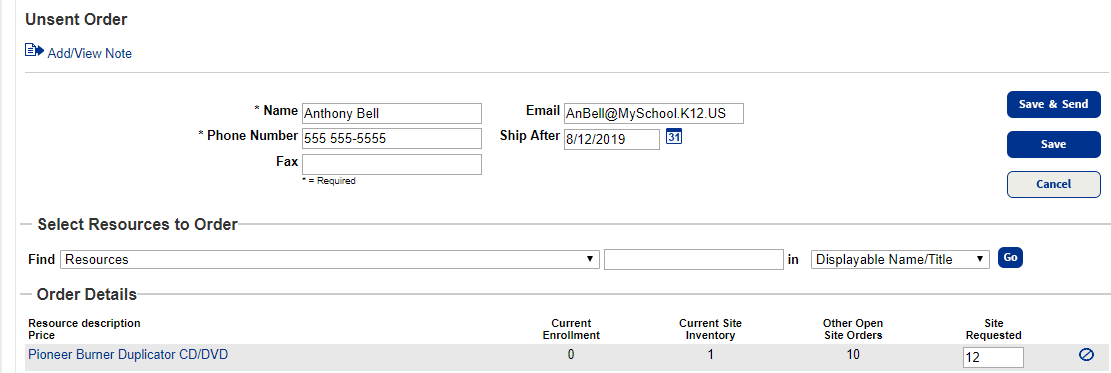 Submitted Orders page showing one submitted order