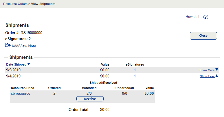 View Shipments with Show More expanded.