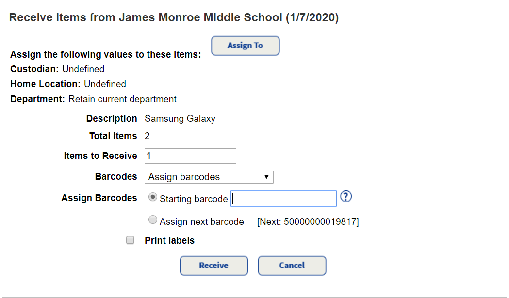 Page showing details for receiving unbarcoded resources.