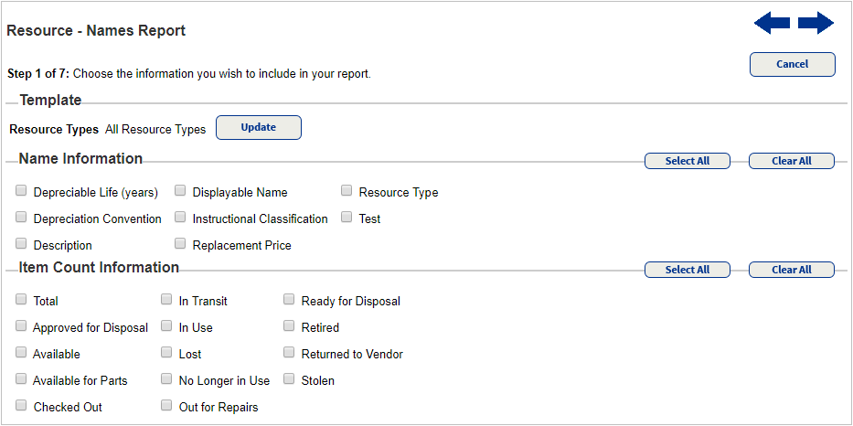 Report builder step 1 of 7 for Resource Manager.